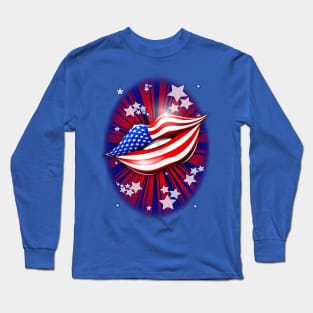 USA Flag Lipstick on Smiling Lips Long Sleeve T-Shirt